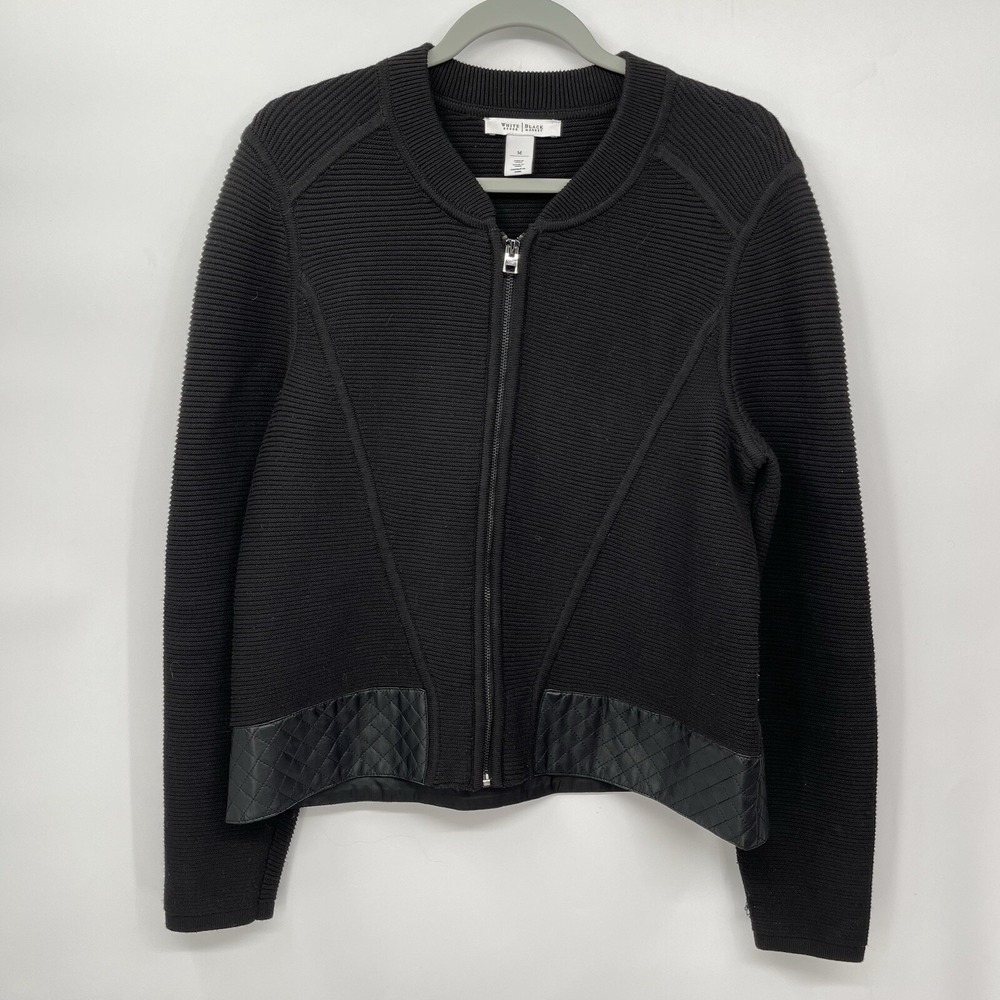 White House Black Market Black Ribbed Quilted Faux Leather Bomber Jacket Women M